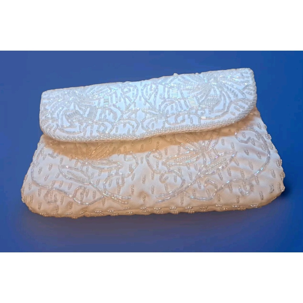 Valerie Stevens Clutch Purse Beaded‎ 8" x 5.5" Ivory with Strap Party Drinks